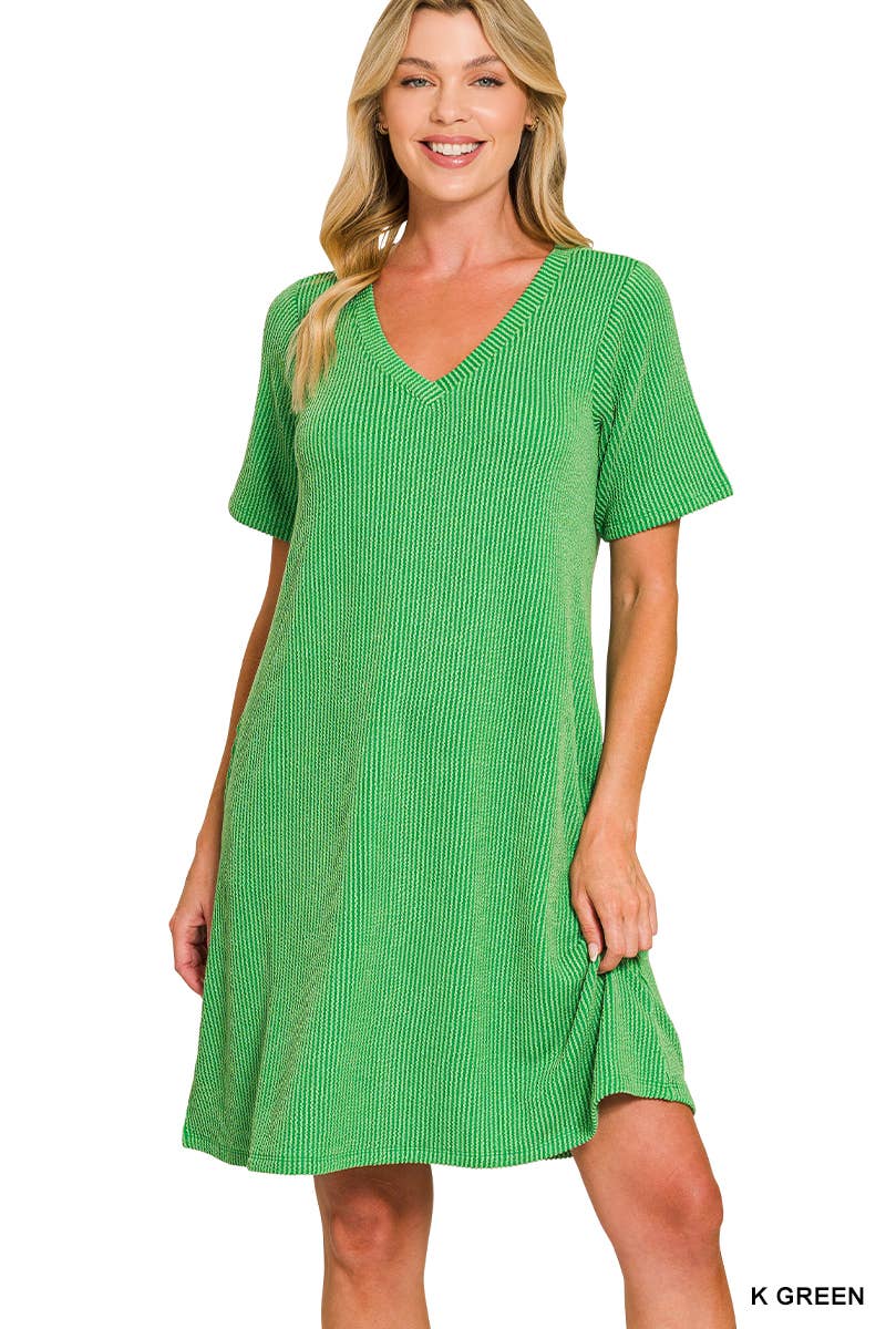 Raised Rib V Neck  A Line Dress With Side Pockets