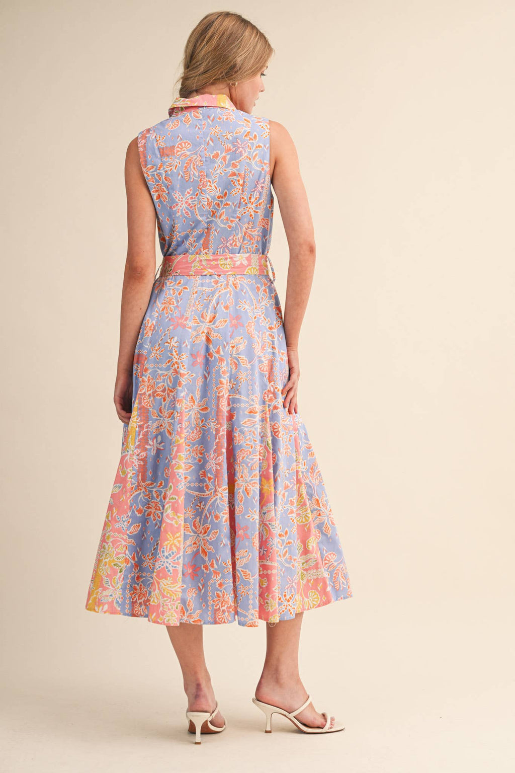 MIXED FLORAL PRINT BELTED BUTTON DOWN MIDI DRESS MDR4733