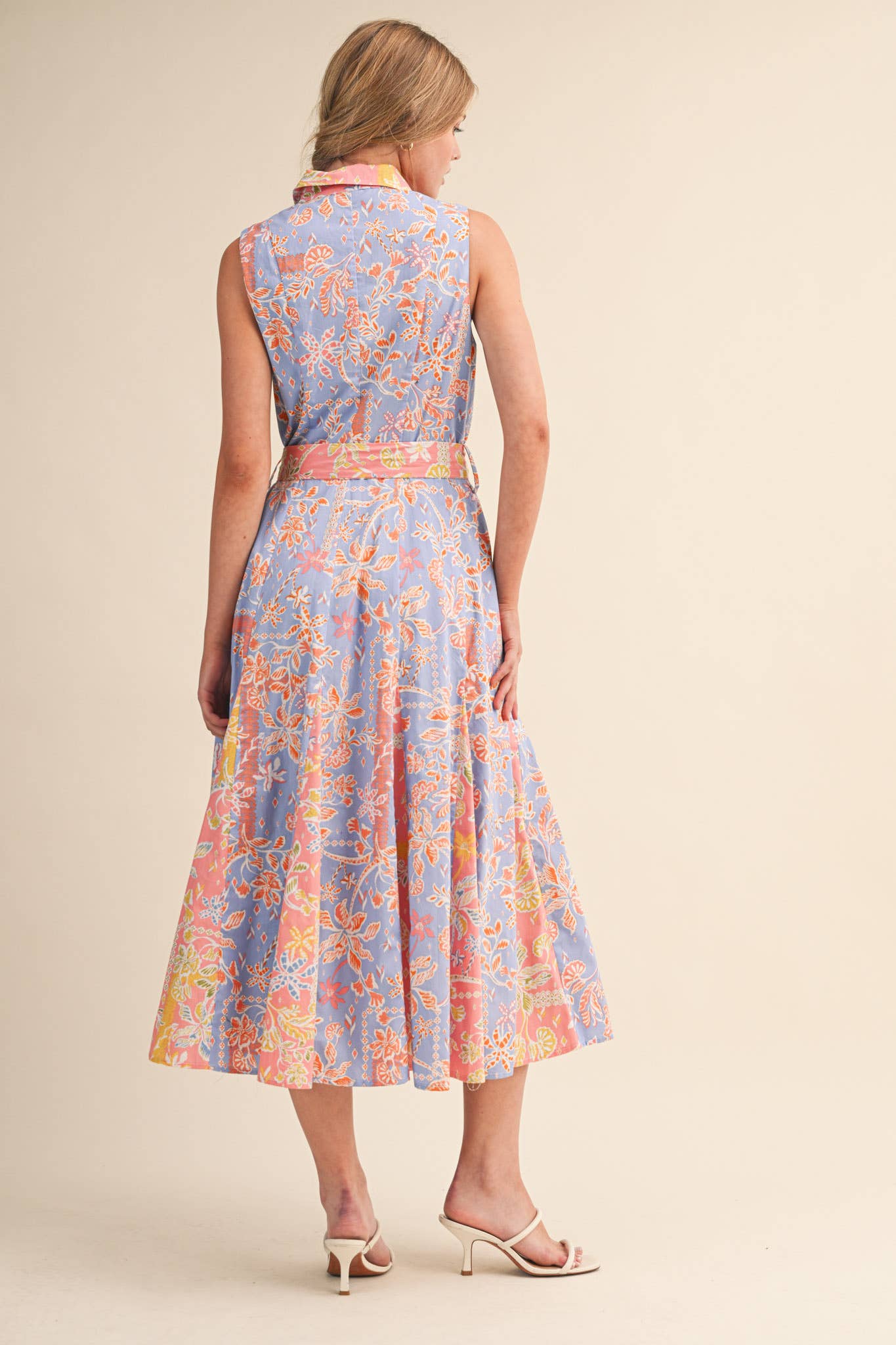 MIXED FLORAL PRINT BELTED BUTTON DOWN MIDI DRESS MDR4733
