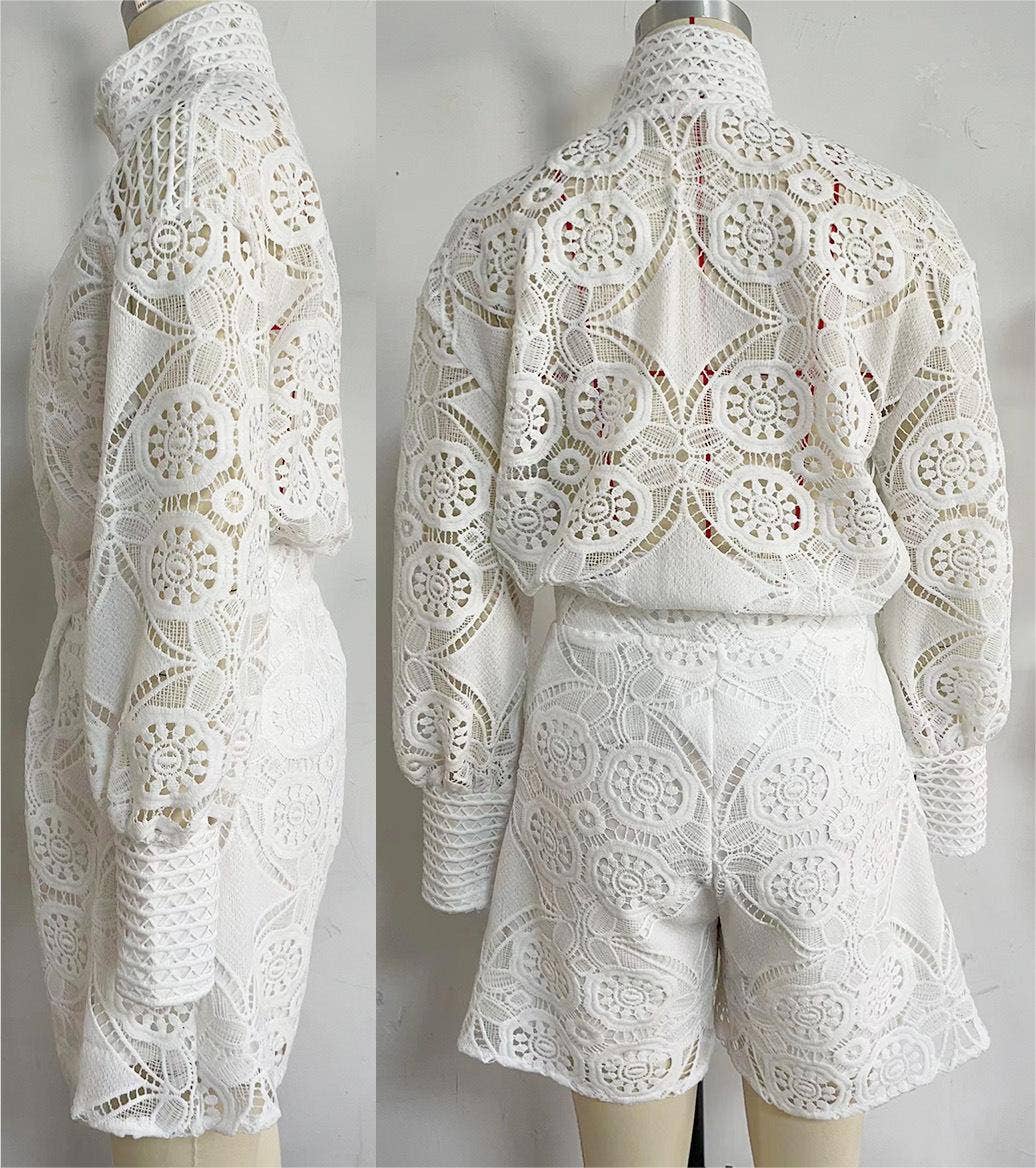 Boho long-sleeves hollow-out blouse shorts 2-piece set