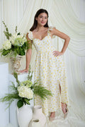 FLORAL EYELET PATTERN FRONT SLIT CORSET MIDI DRESS