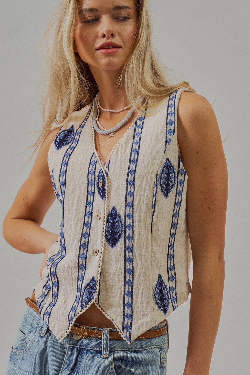 Blue Embroidered Linen Blend Button Front Vest