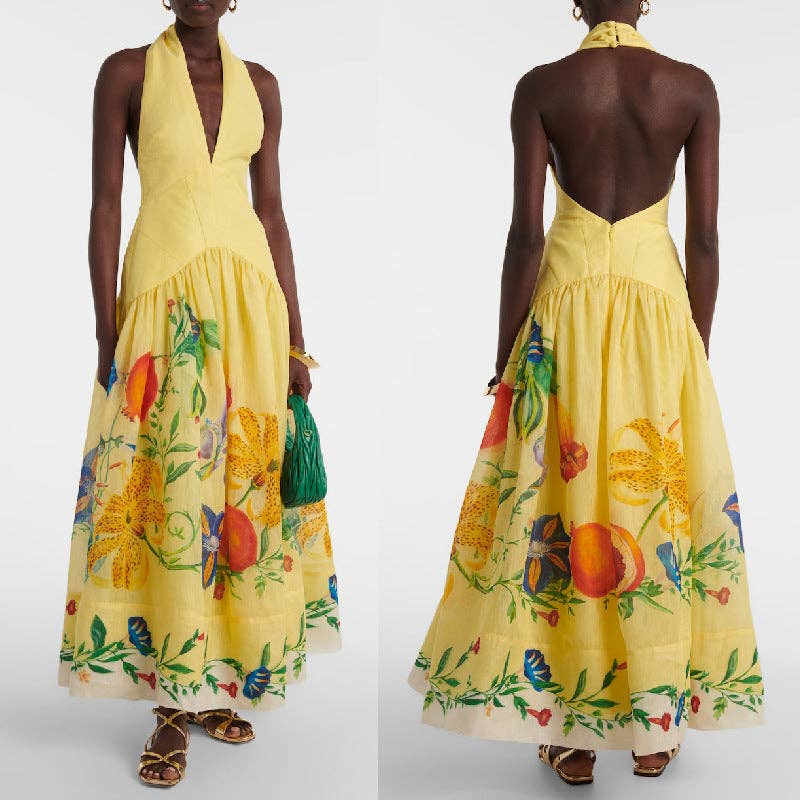 Floral Print Backless Maxi Dress for Women