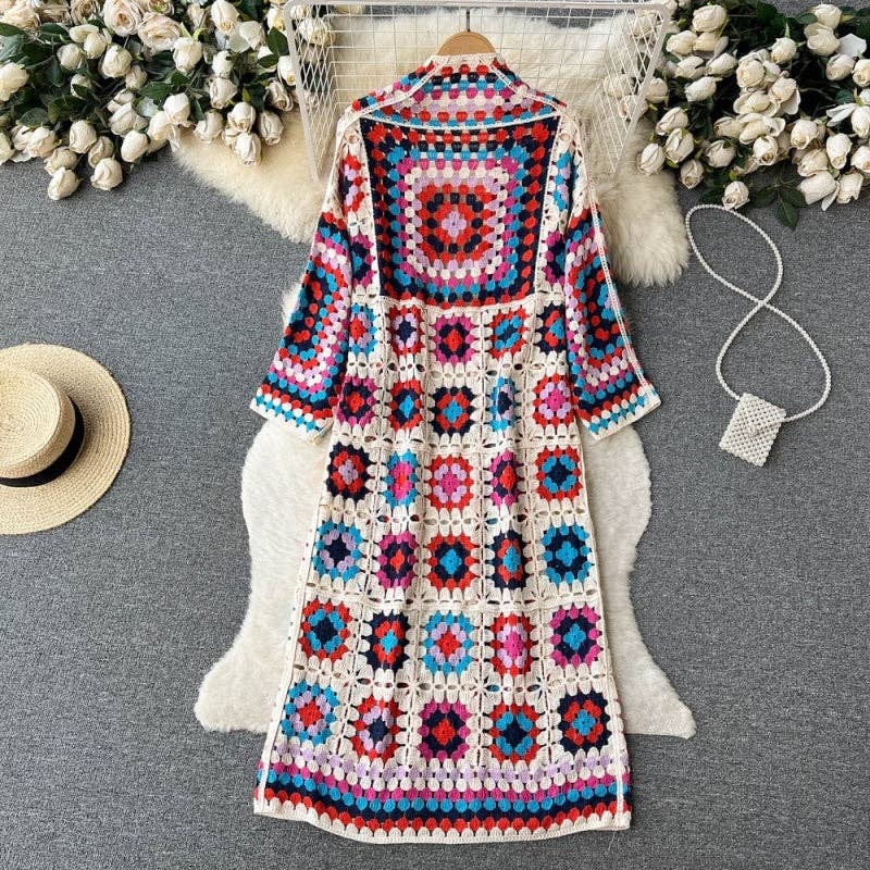 Bohemian Long Crochet Open-Front Cardigan