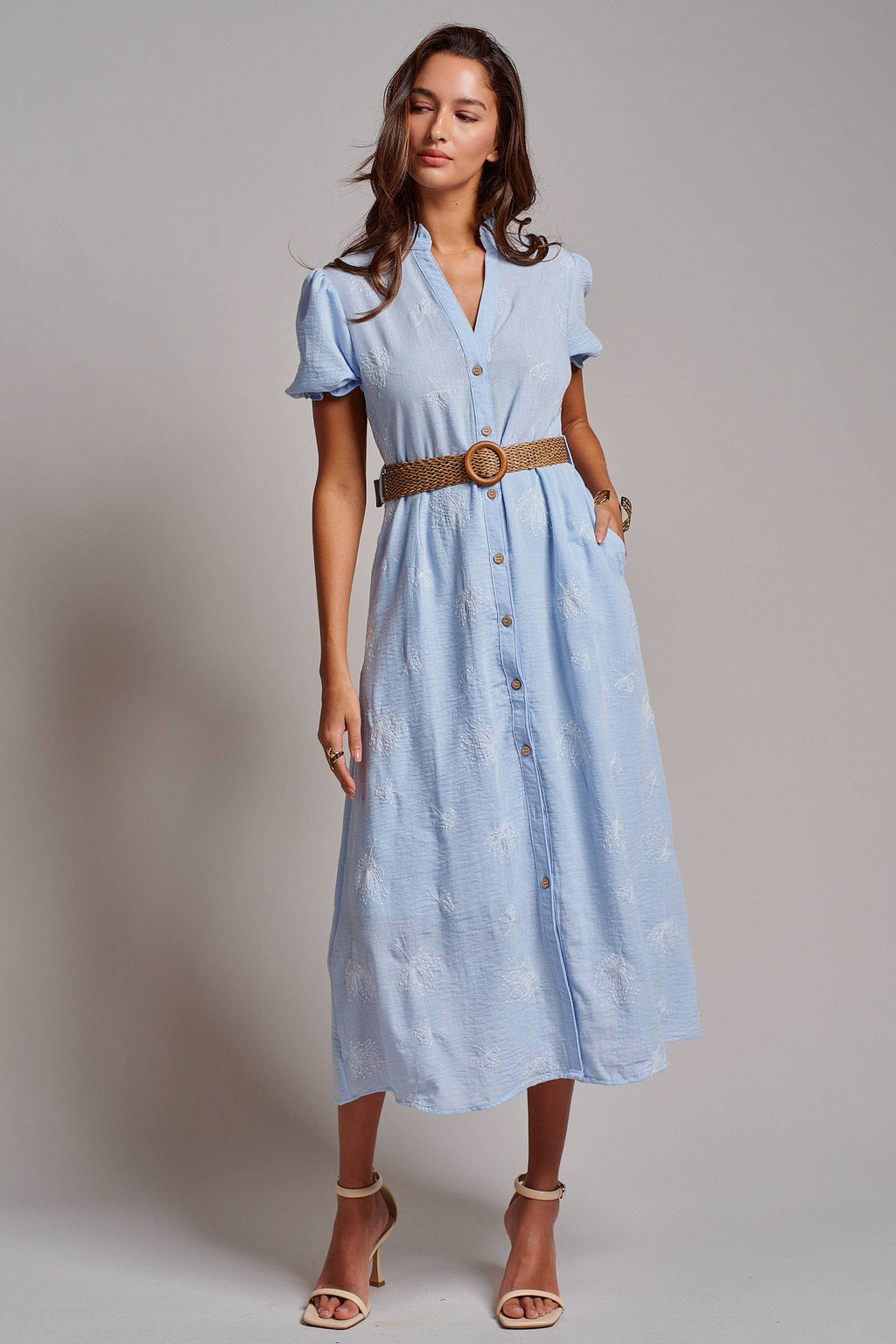 Embroidered Linen Blend Button Front Midi Dress