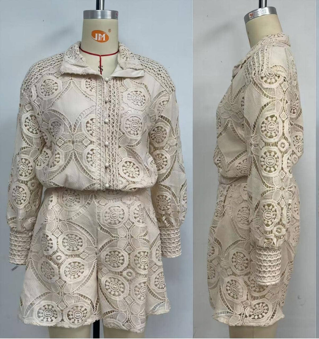 Boho long-sleeves hollow-out blouse shorts 2-piece set