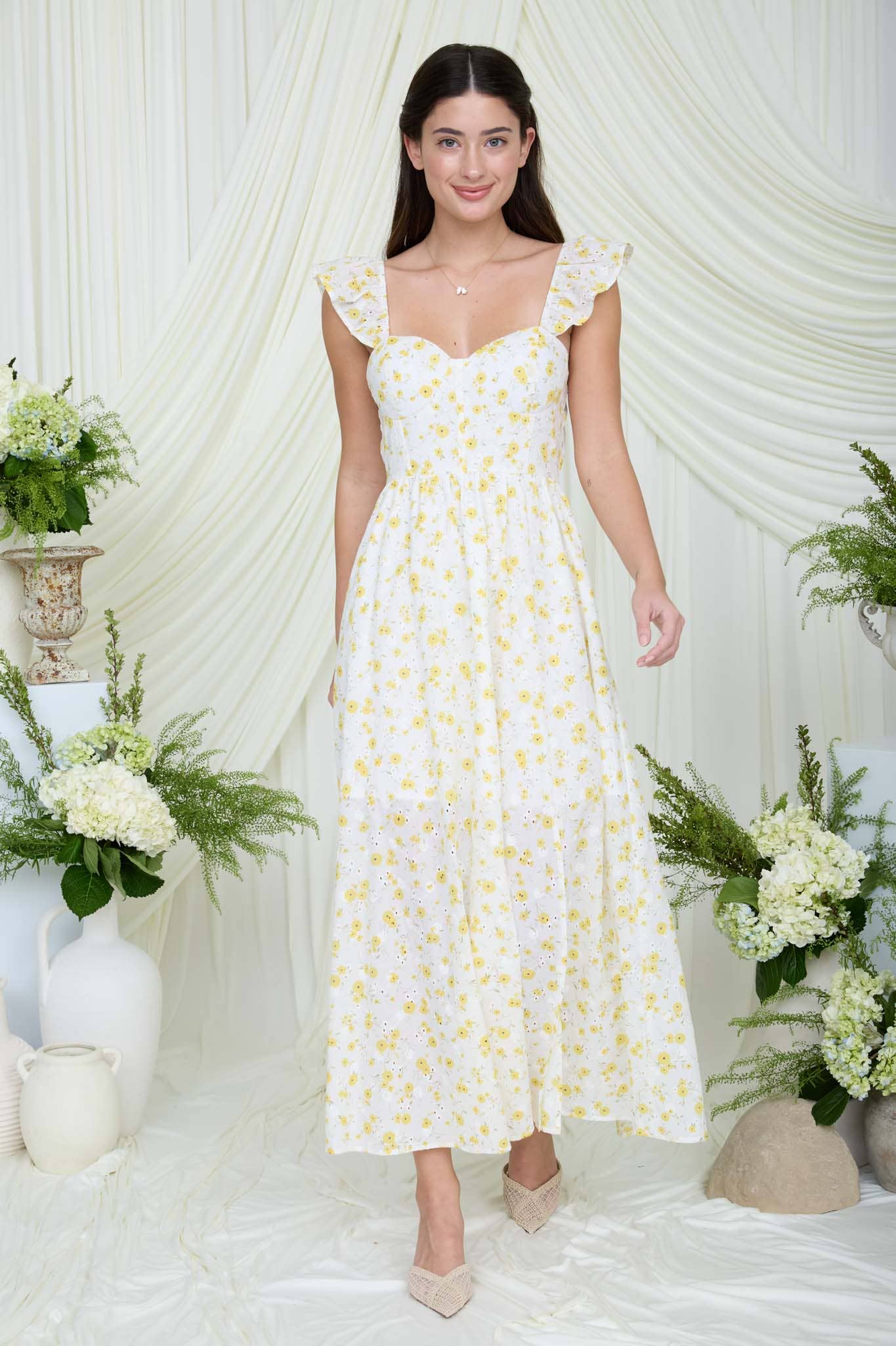 FLORAL EYELET PATTERN FRONT SLIT CORSET MIDI DRESS