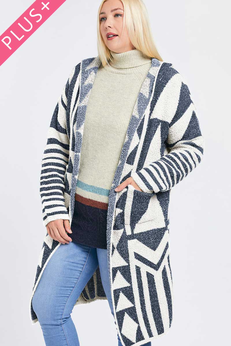 Plus - Aztec Pattern Knit Longline Hooded Cardigan