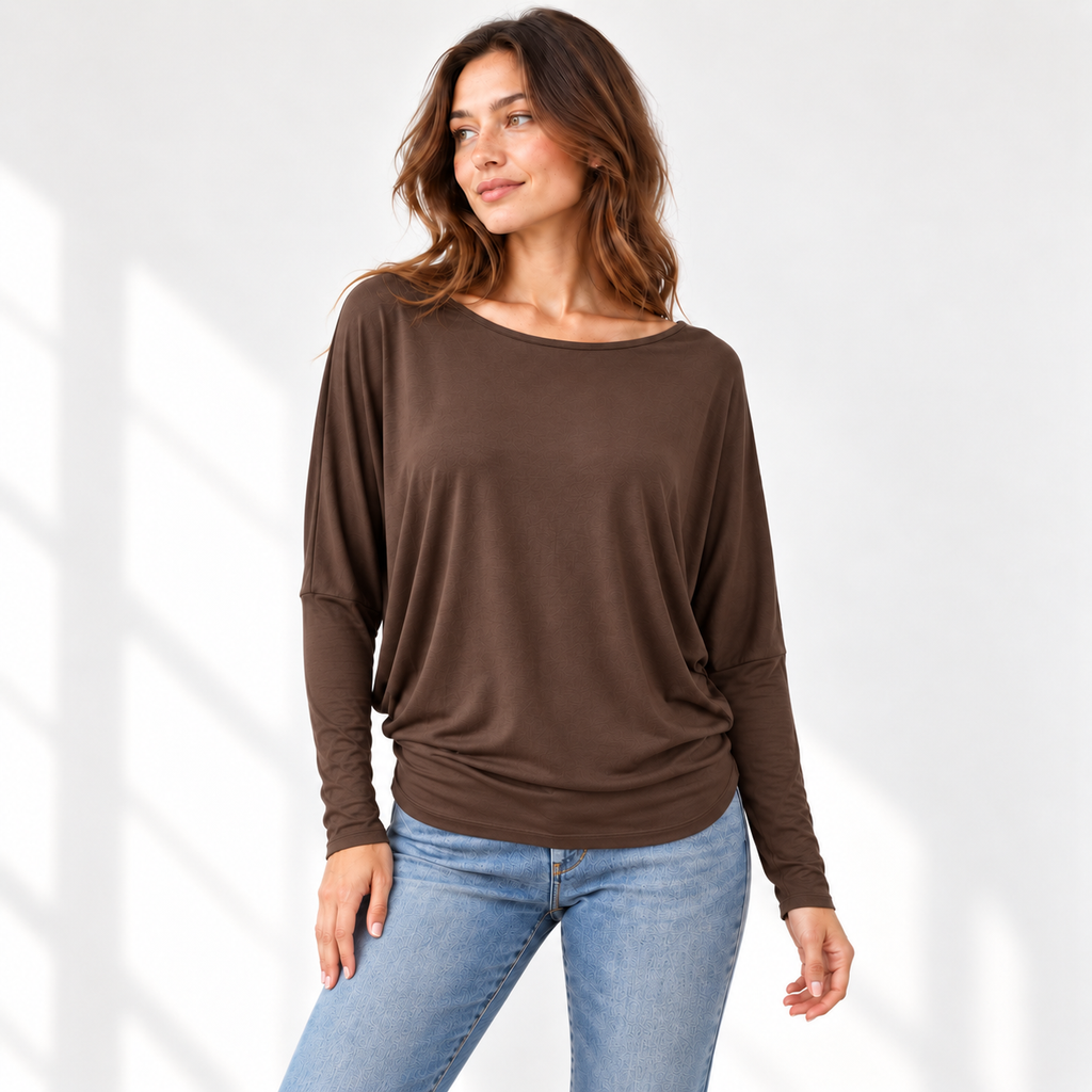 Relaxed Dolman Sleeve Top with Curved Back Hem