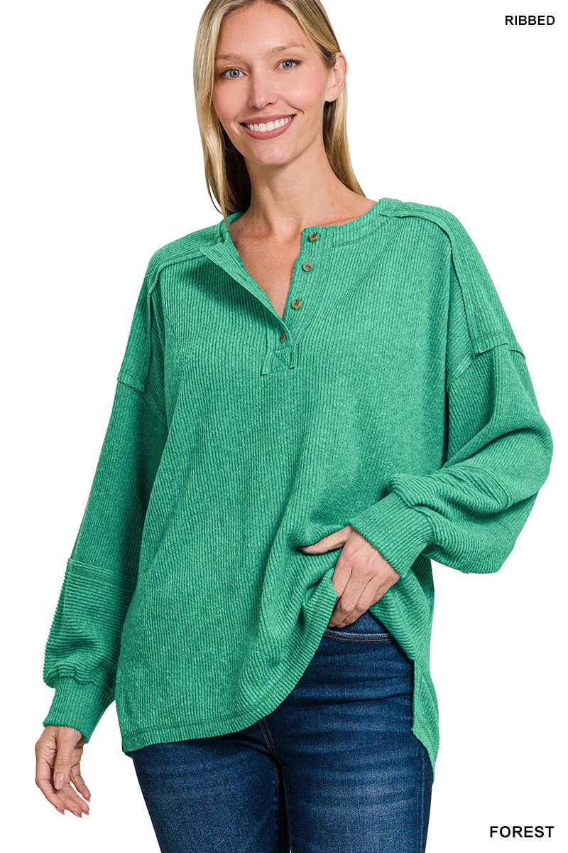 Ribbed Brushed Hacci Melange Henley Sweater