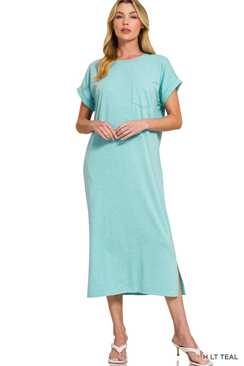 Round Neck Short Sleeve Midi Dress w/ Pockets - Zenana