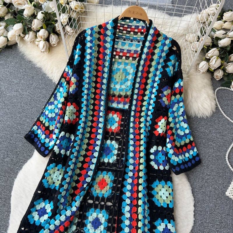 Bohemian Long Crochet Open-Front Cardigan