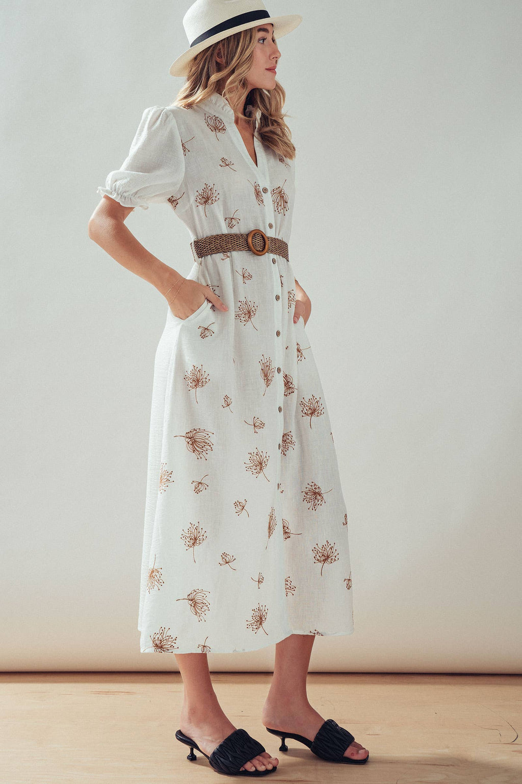 Embroidered Linen Blend Button Front Midi Dress