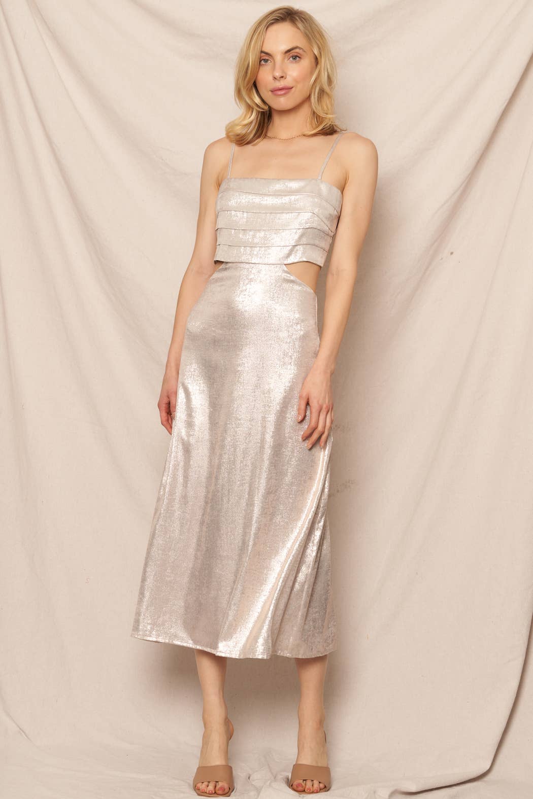 Sleeveless Metallic Maxi Dress with Side Cut-Outs