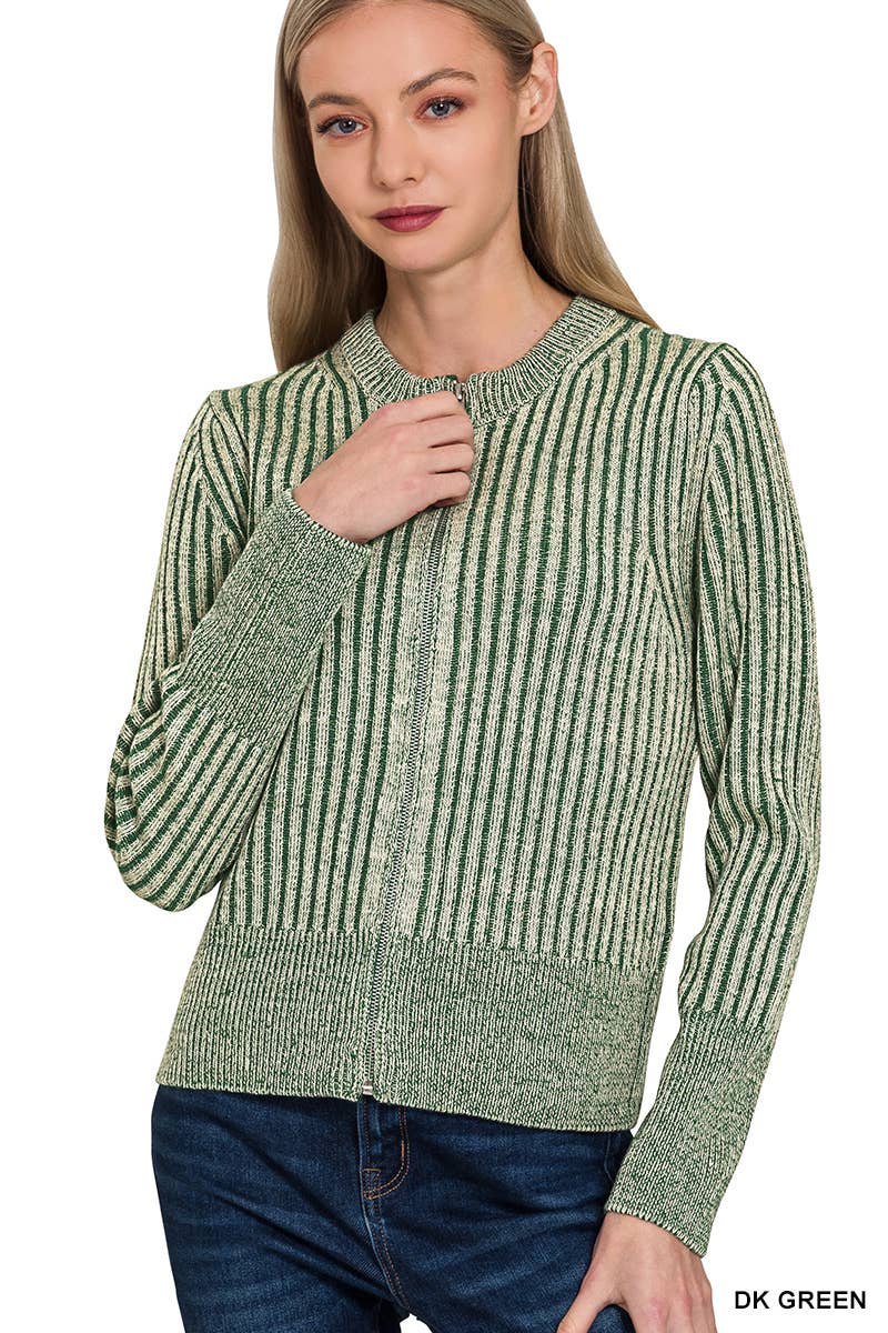 Two Tone Zip Up Sweater Cardigan - Zenana