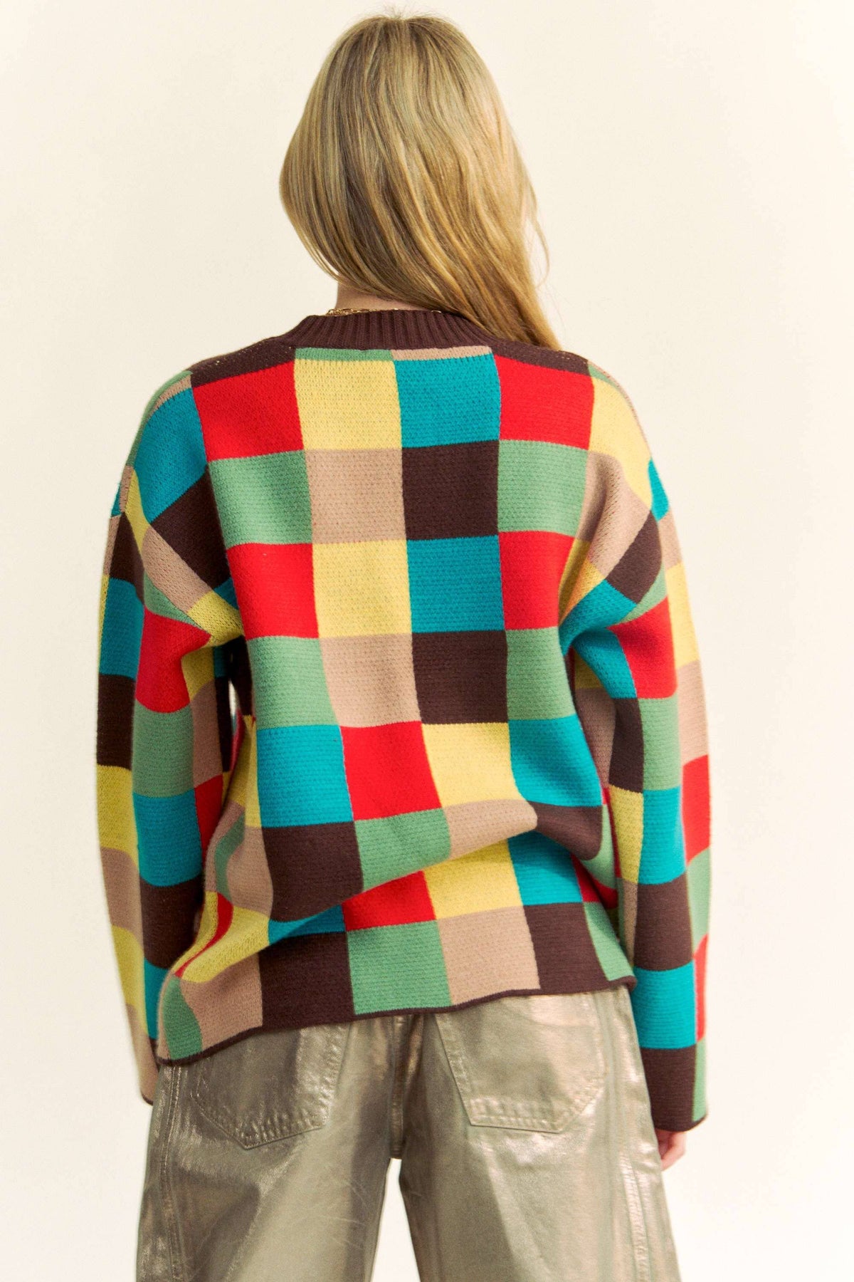 Multicolor Checkerboard Knit Pullover Sweater