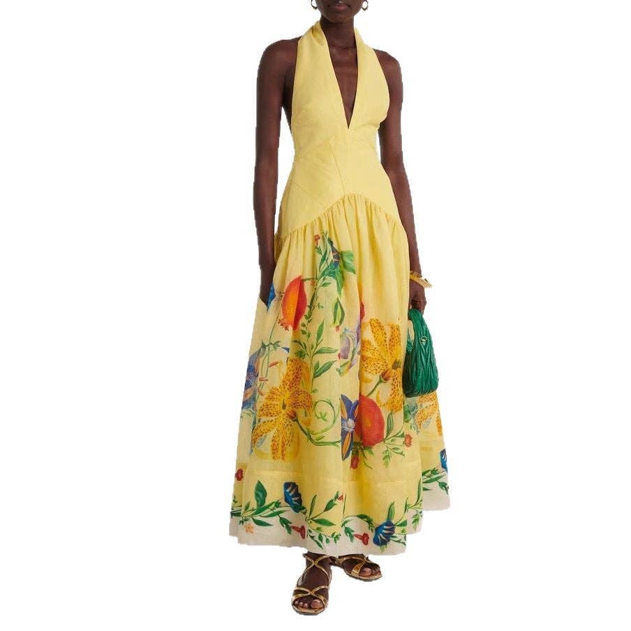 Floral Print Backless Maxi Dress for Women