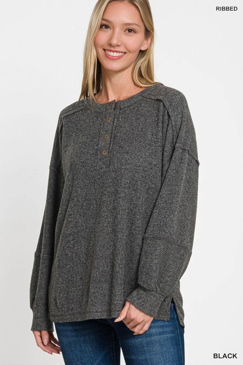 Ribbed Brushed Hacci Melange Henley Sweater