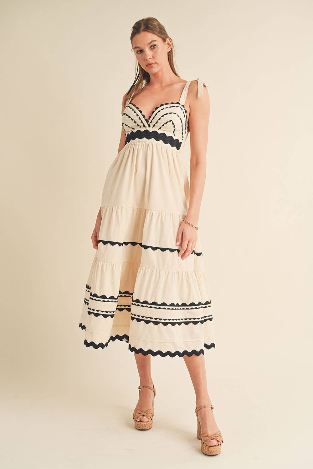 TIERED RIC RAC TRIM MIDI DRESS MDR3075