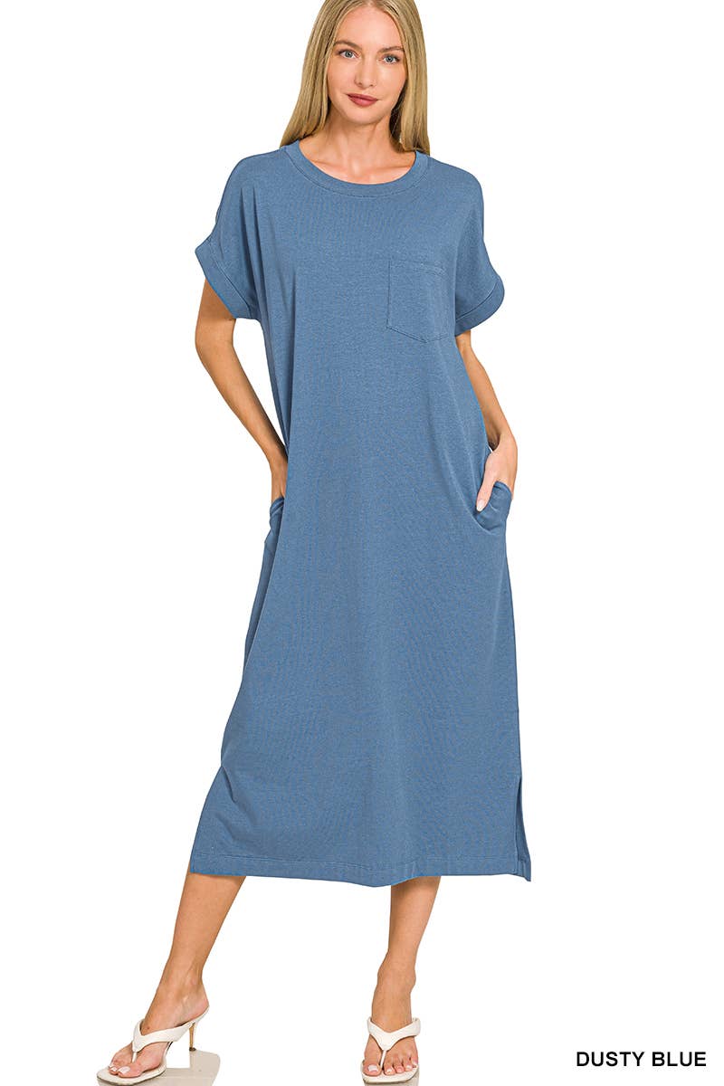 Round Neck Short Sleeve Midi Dress w/ Pockets - Zenana