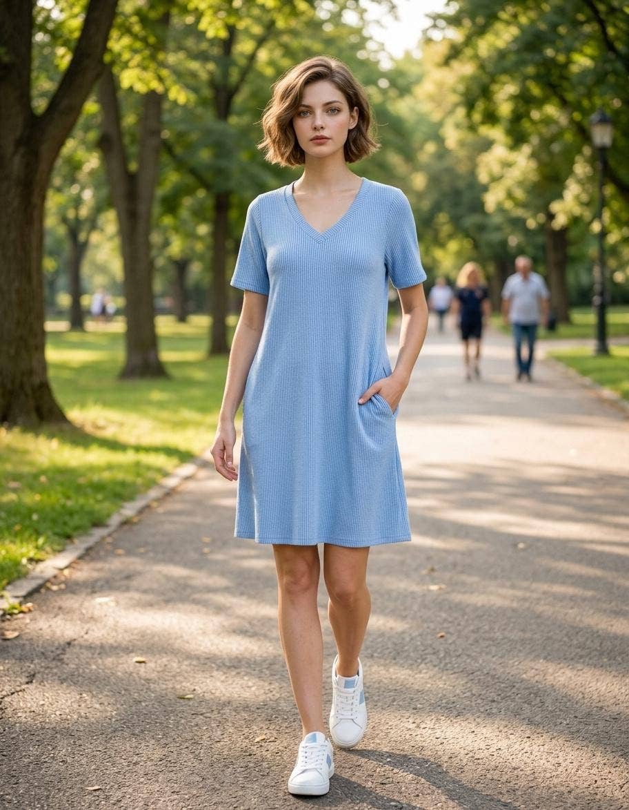 Raised Rib V Neck  A Line Dress With Side Pockets