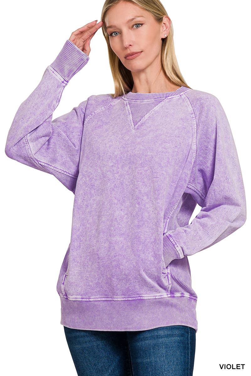 Halo Washed French Terry Raglan Sleeve Pullover W/ Pockets - Zenana