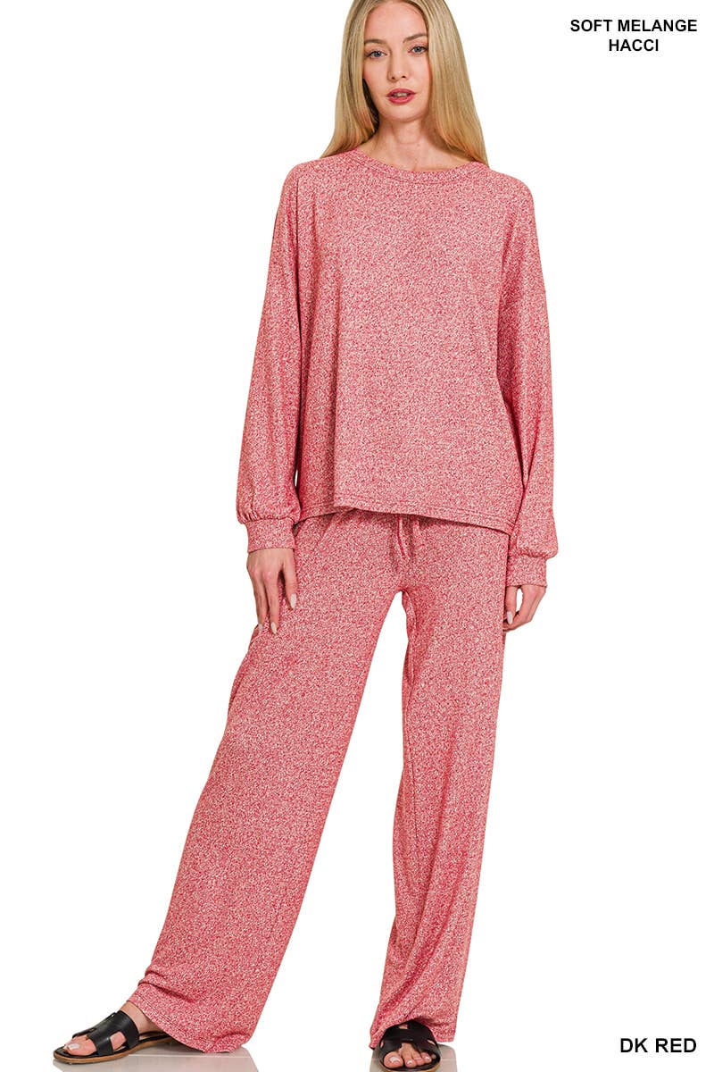 Soft Melange Hacci Long Slv Tee & Pants Set Zenana