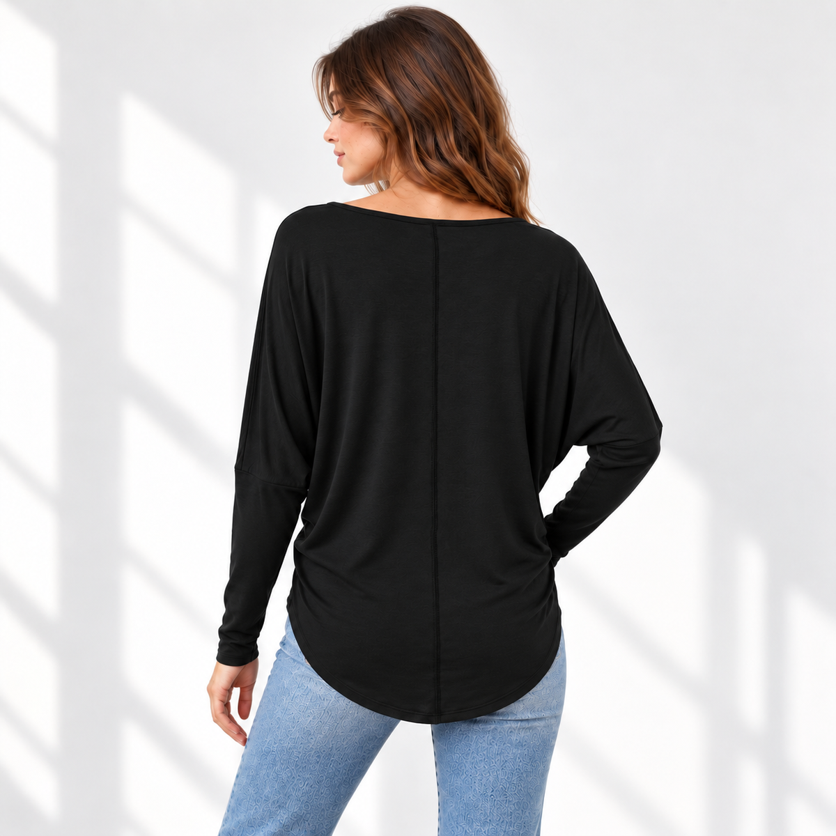 Relaxed Dolman Sleeve Top with Curved Back Hem