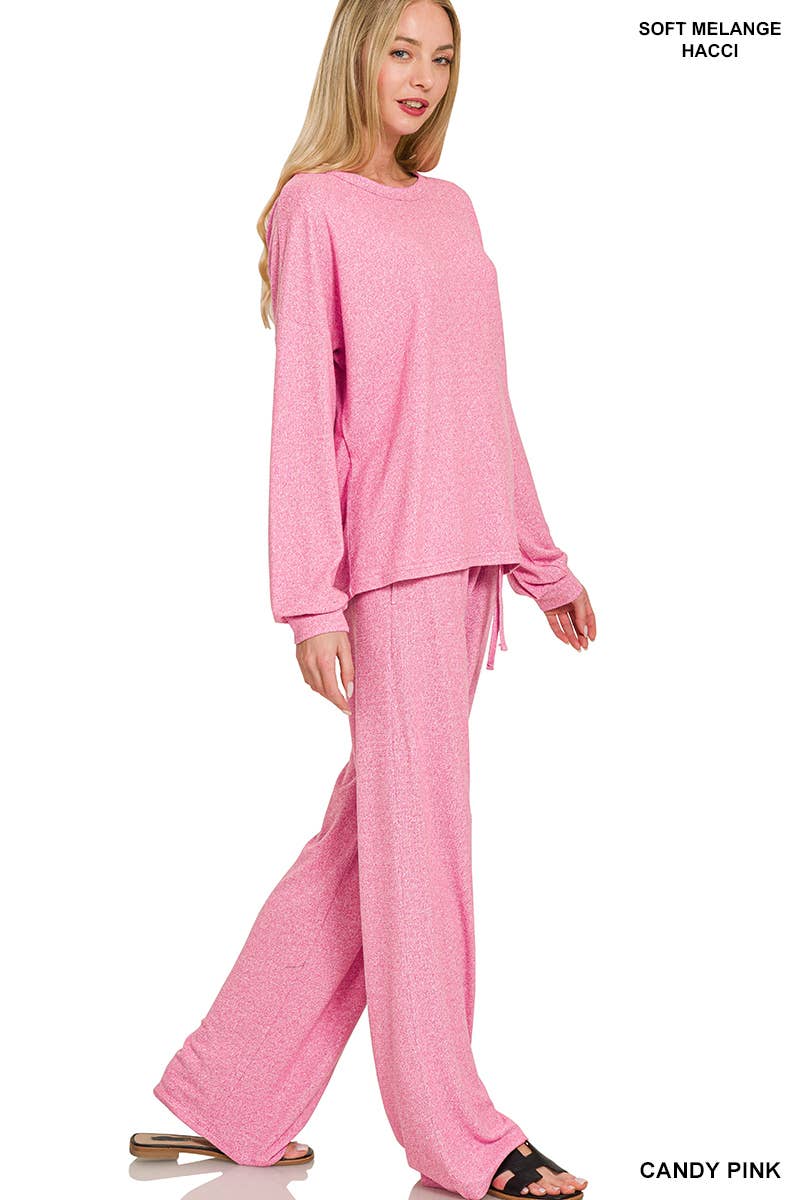 Soft Melange Hacci Long Slv Tee & Pants Set Zenana