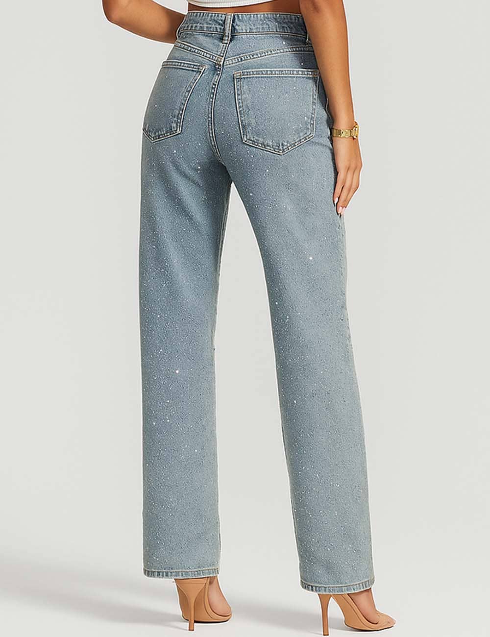 Ladies Rhinestone Button Front Straight Leg Denim Pants