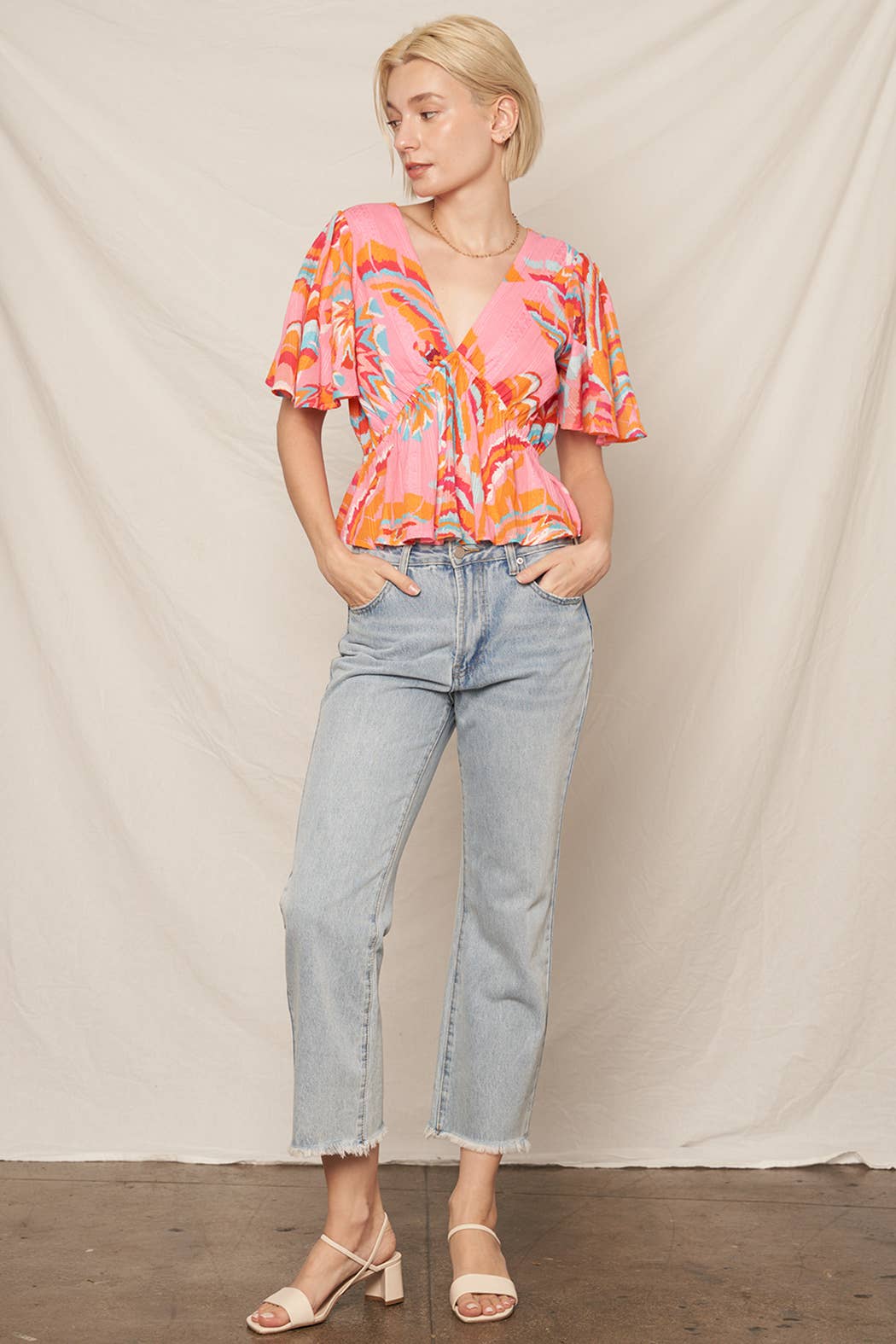 Printed Flutter Sleeve V-Neck Top