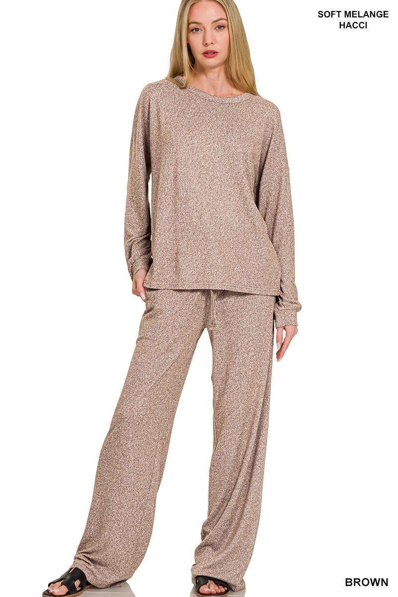 Soft Melange Hacci Long Slv Tee & Pants Set Zenana