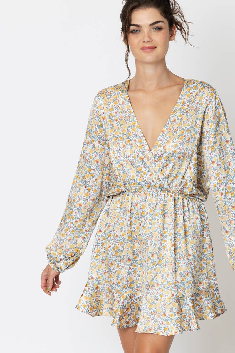 Long Sleeve V-Neck Satin Floral Mini Dress