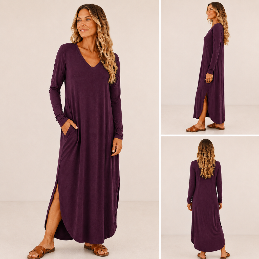 Long Sleeve V Neck Maxi Dress with Pockets, Side Slits