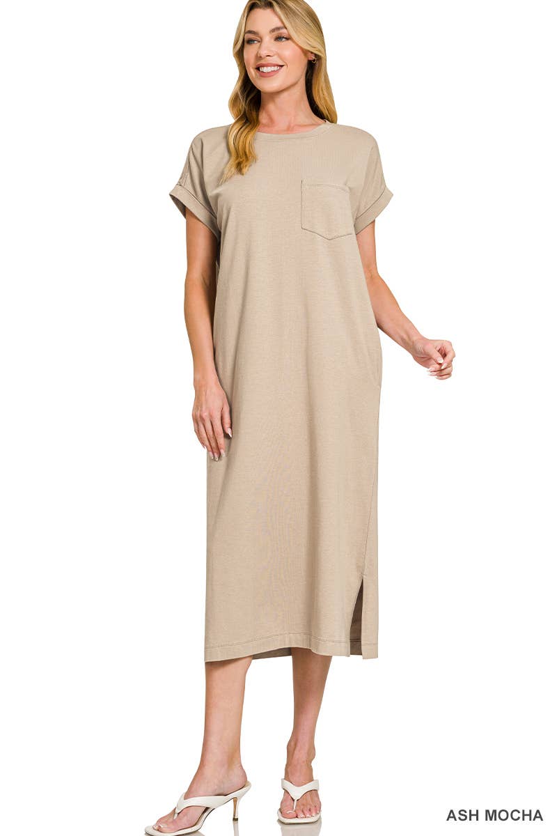 Round Neck Short Sleeve Midi Dress w/ Pockets - Zenana