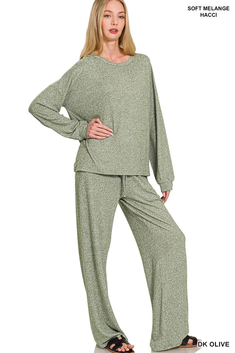 Soft Melange Hacci Long Slv Tee & Pants Set Zenana