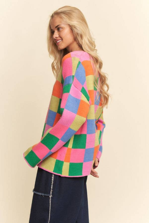 Multicolor Checkerboard Knit Pullover Sweater