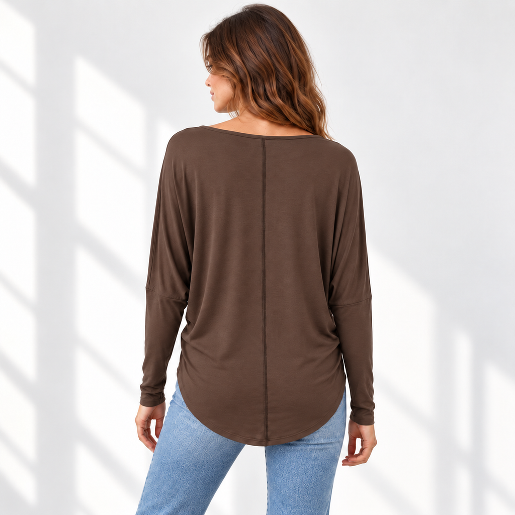 Relaxed Dolman Sleeve Top with Curved Back Hem