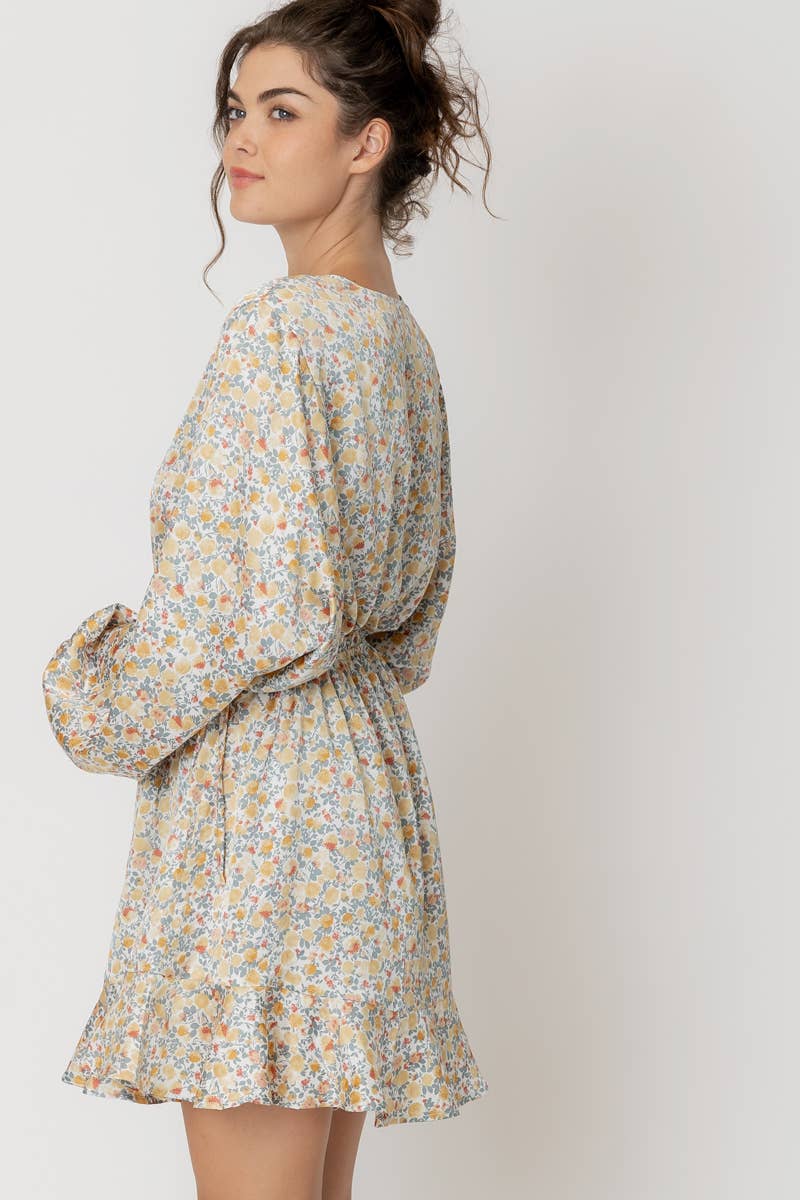 Long Sleeve V-Neck Satin Floral Mini Dress