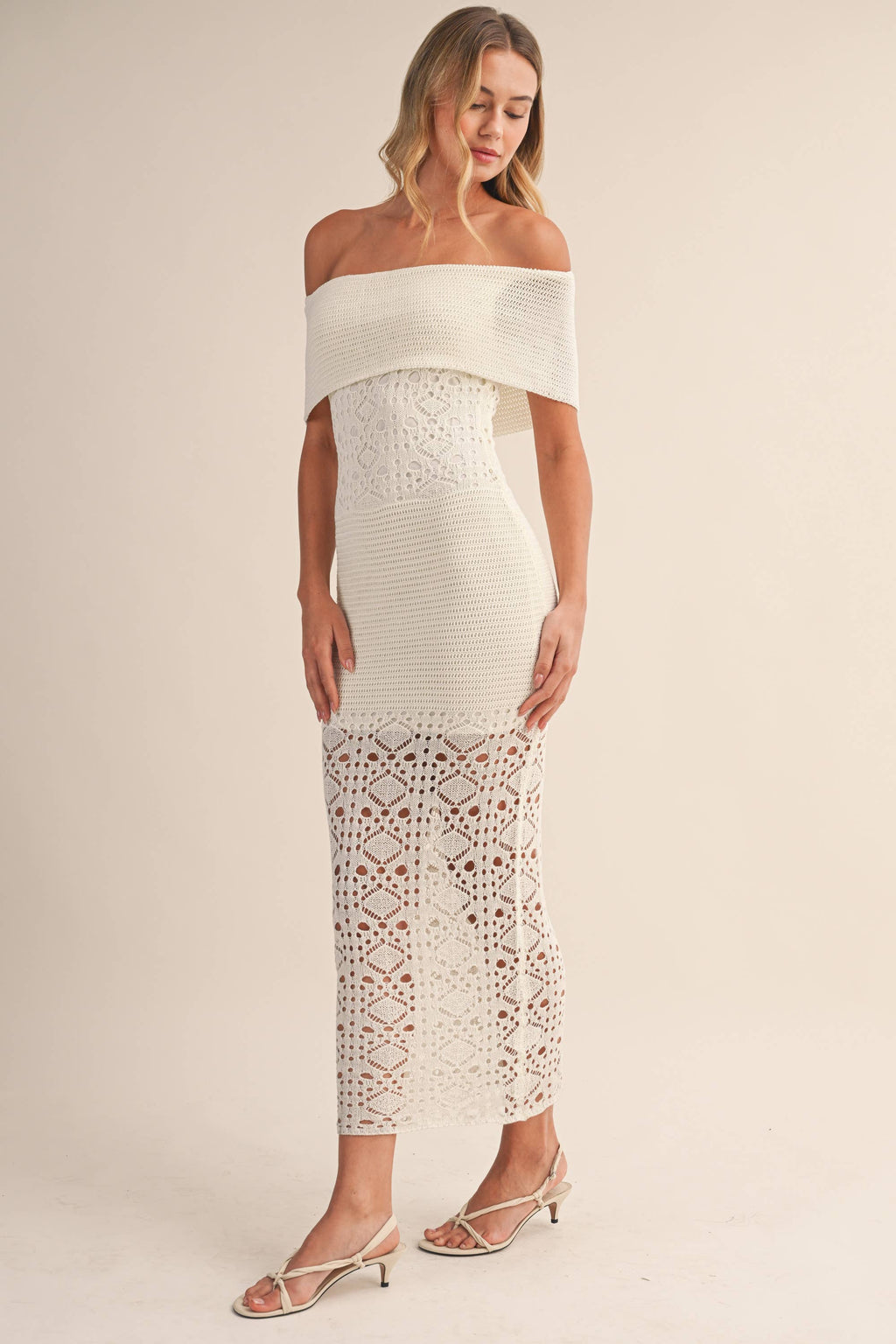 CROCHET FOLDOVER OFF SHOULDER SWEATER MAXI DRESS