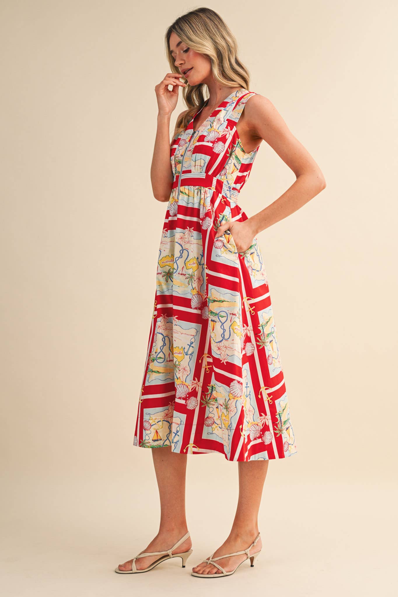 EXCLUSIVE NAUTICAL MAP PRT ZIPPER FRONT MIDI DRESS MDR5194