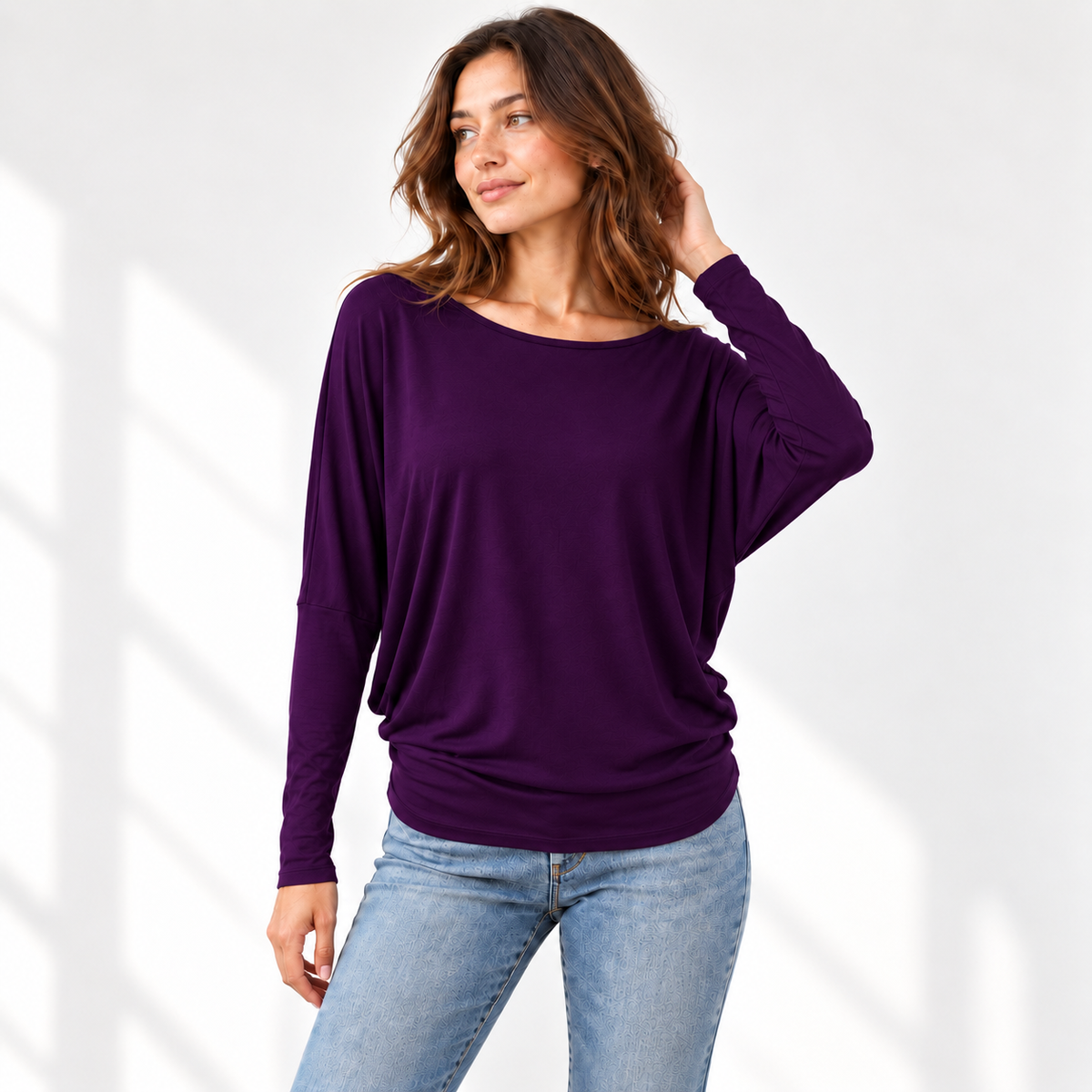 Relaxed Dolman Sleeve Top with Curved Back Hem