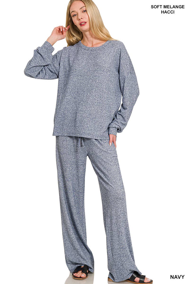 Soft Melange Hacci Long Slv Tee & Pants Set Zenana