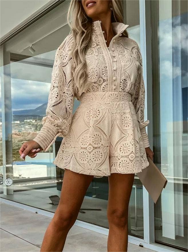 Boho long-sleeves hollow-out blouse shorts 2-piece set