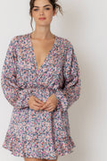 Long Sleeve V-Neck Satin Floral Mini Dress