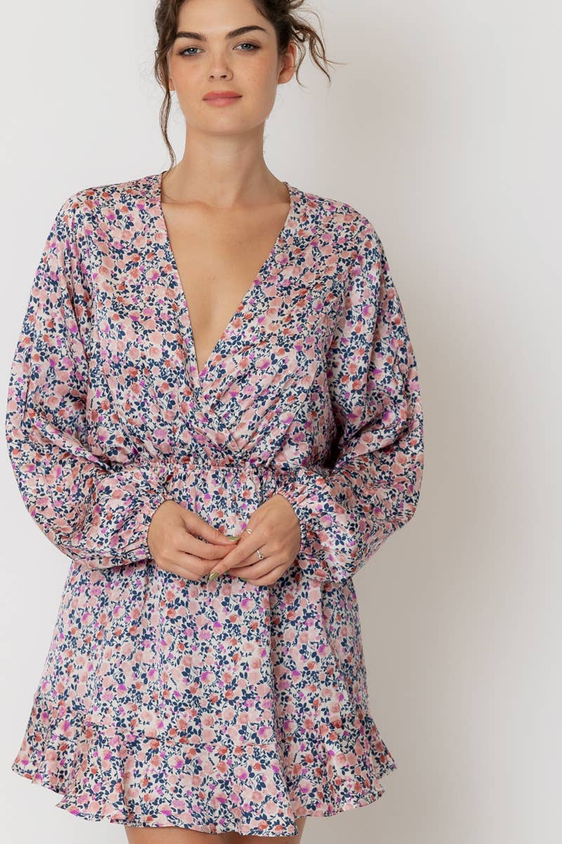 Long Sleeve V-Neck Satin Floral Mini Dress