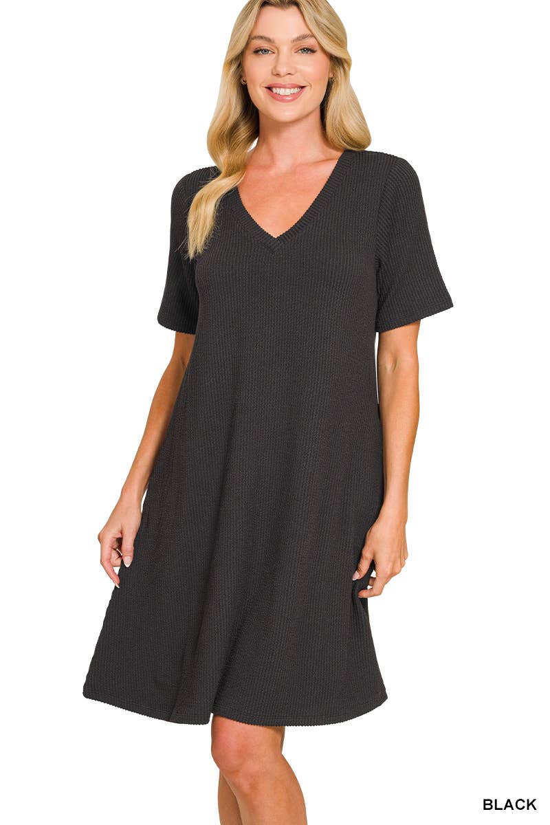 Raised Rib V Neck  A Line Dress With Side Pockets