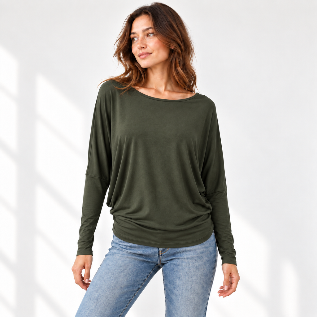 Relaxed Dolman Sleeve Top with Curved Back Hem