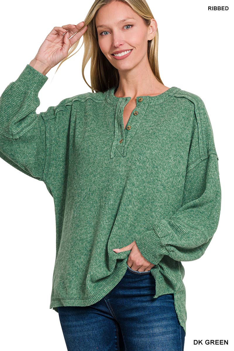 Ribbed Brushed Hacci Melange Henley Sweater