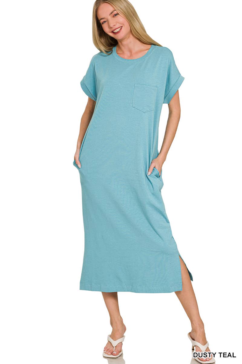Round Neck Short Sleeve Midi Dress w/ Pockets - Zenana